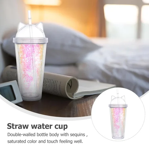 Miniatura 6 de UPKOCH Vaso de agua de doble pared con forma de oreja de gato, vaso de paja de plástico con lentejuelas, elegante botella de bebida reutilizable