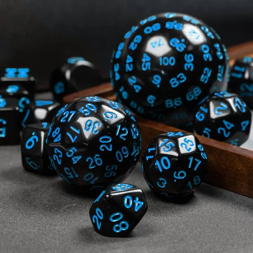 Miniatura 8 de Juego completo de 15 dados poliédricos DND D3-D100 con bolsa de dados de ojo de dragón, dados D100 para juegos de mesa RPG (negro con números azules)