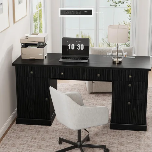 Garvee 60" Office Desk with Storage & Drawers. Fluted Wood Computer Desk with Power Outlet & Adjustable Shelves.Modern Executive Desk for Home