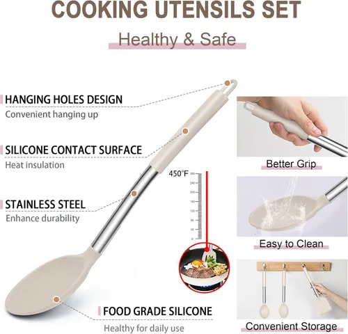 Miniatura 5 de E-far Juego de utensilios de cocina de silicona, 14 piezas, color caqui, con soporte, espátulas de herramientas de cocina con mango de acero