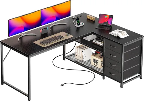 Miniatura 17 de PRAISUN Escritorio en forma de L de 53" con tomas de corriente y puerto USB-C, escritorio reversible de esquina para computadora de oficina con 4