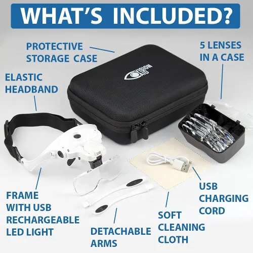 Miniatura 6 de Vision Aid Lupas con luz LED, 5 lentes, diadema, estuche de almacenamiento Lupa de montaje en cabeza iluminada manos libres para manualidades
