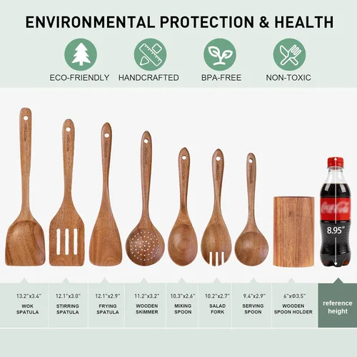 Miniatura 7 de Cucharas de madera para cocinar, juego de utensilios de cocina de madera de madera maciza natural, incluye cucharas, espátulas, cucharones, cuchara