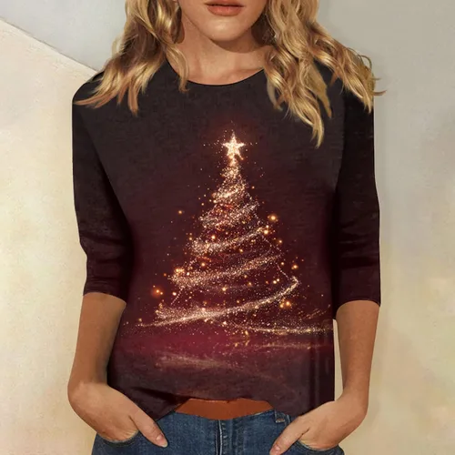 Miniatura 82 de Camisetas de manga 3/4 para mujer, cuello redondo, holgadas, casuales, con estampado floral, camisetas de moda para el trabajo de negocios
