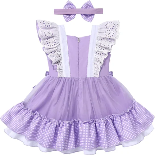 Miniatura 3 de Vestido de princesa a cuadros para bebé, sin mangas, vintage, de encaje, a cuadros, vestido de princesa acampanado con diadema