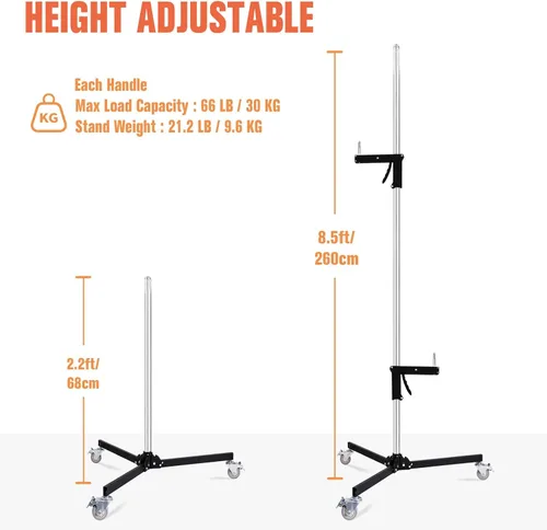 Miniatura 2 de Soporte de luz resistente con ruedas, soporte de agarre de pistola de fotografía con ruedas con 2 empuñaduras, soporte de luz de acero ajustable