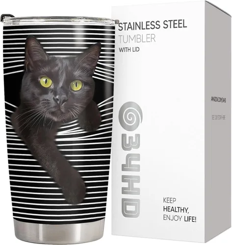Miniatura 4 de 34HD Taza Negra de Gato con Tapa, 20 oz de Acero Inoxidable con Aislamiento al Vacío, Oculta y Busca Gato, Regalos Graciosos de Gato para Hombres