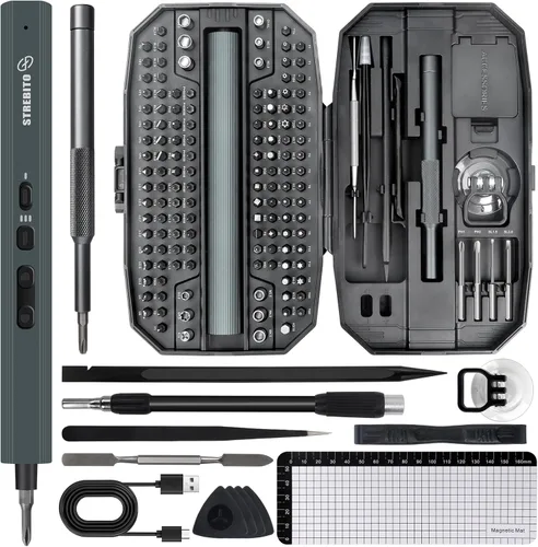 Miniatura 12 de STREBITO Juego de destornilladores eléctricos 155 en 1, destornillador eléctrico pequeño inalámbrico con 140 puntas magnéticas S2, kit de Gris