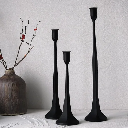 Denique Juego de 3 portavelas cónico de hierro, portavelas negro, portavelas decorativo, juego alto para bodas, mesa de comedor, decoración del
