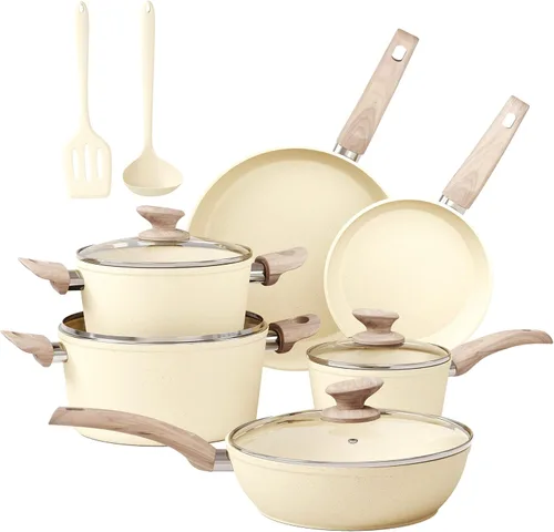 MAISON ARTS Juego de ollas y sartenes antiadherentes, juegos de utensilios de cocina antiadherentes, olla de cocina y sartén de granito de 12 piezas