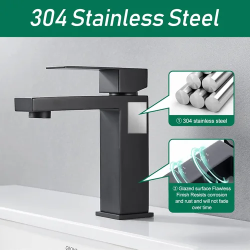 Miniatura 3 de VOTON Grifo de baño negro mate 1 agujero, grifo de tocador de acero inoxidable para fregadero de baño con placa de cubierta mangueras de suministro