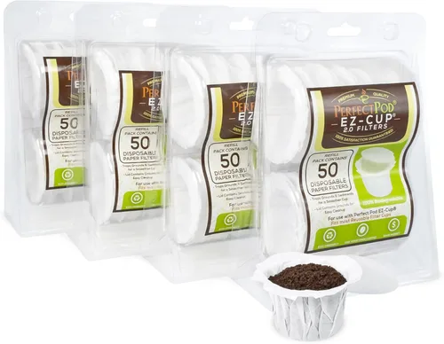 Perfect Pod EZ-Cup - Filtros de papel desechables con diseño patentado de tapa para cápsulas de café reutilizables, paquete de 4 (200 filtros)
