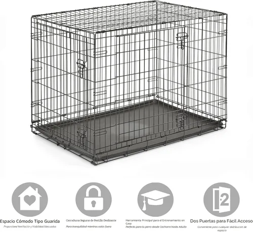 Miniatura 3 de New World - Jaula plegable de metal de doble puerta de 42 pulgadas para perros, incluye bandeja a prueba de fugas, patas protectoras del suelo