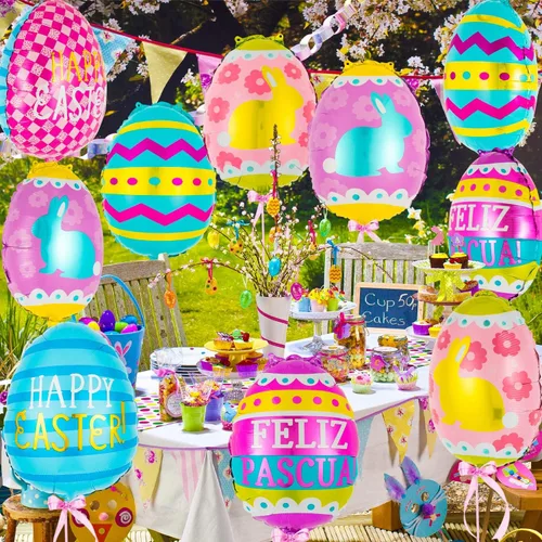 Miniatura 7 de 20 globos de huevo de Pascua, globos de papel de aluminio de feliz Pascua, globo de huevo Mylar para suministros de decoración de fiestas