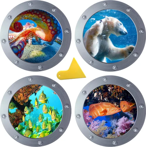 Miniatura 10 de Calcomanías adhesivas redondas 3D para ventana de ojo de buey de 11 pulgadas, tema oceánico (tortuga marina, tiburón, delfín), calcomanías vinuales