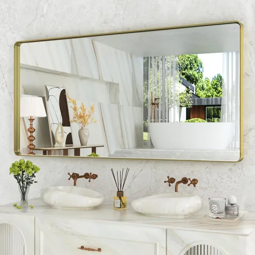 Miniatura 77 de WEER - Espejo de baño dorado, espejo de 40x32 pulgadas con marco de metal dorado cepillado, espejo de tocador de baño de oro para pared