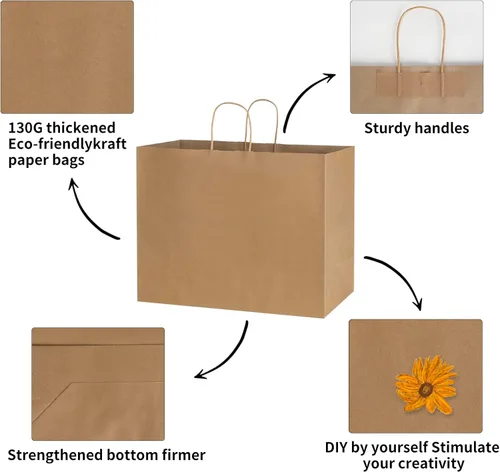 Miniatura 3 de bagmad Paquete de 50 bolsas grandes de papel kraft de 16 x 6 x 12 pulgadas, color marrón natural liso con asas, a granel para compras, bodas