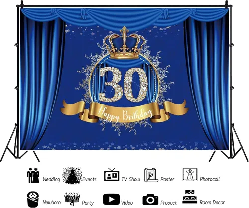 Miniatura 2 de Telón de fondo azul de 5 x 3 pies con corona dorada de lujo para fotografía de cumpleaños de niño y hombre, fiesta, decoración de mesa de pastel