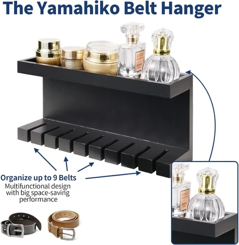 Miniatura 3 de Yamahiko Organizador de cinturón, colgador de pared con doble estantería, estante universal para hombres y mujeres, color negro