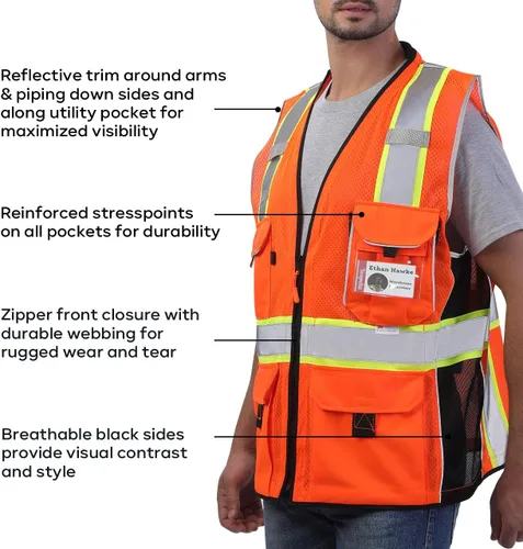 Miniatura 4 de Neopelta Chaleco de seguridad reflectante de malla naranja, chaleco resistente con bolsillo para identificación, cuello acolchado, fabricado