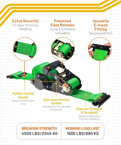 Miniatura 2 de Strapinno E-Track Correas Retráctiles de Amarre de Trinquete - 2 pulgadas x 15 pies Correa de Trinquete de Servicio Pesado con resistencia a