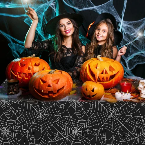 Miniatura 6 de Peryiter Mantel rectangular de plástico para Halloween, tela de araña, 54 x 108 pulgadas, impermeable, desechable, tela de araña para decoración