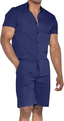Miniatura 2 de Uni Clau Conjunto corto de 2 piezas para hombre, conjunto de camisa con botones y pantalones cortos, conjunto de chándal de playa