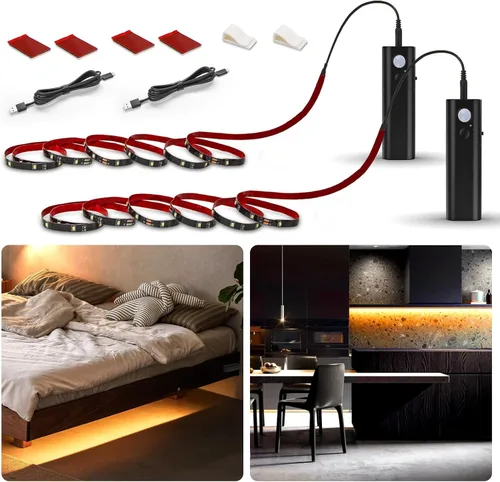 Miniatura 11 de WOBANE Tira de luz LED activada por doble movimiento, tira de luz recargable de 16.4 pies, luz de cinta alimentada por batería para debajo