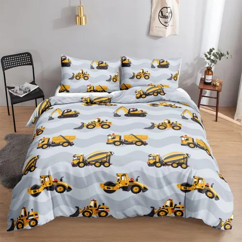 Miniatura 21 de Juego de funda de edredón para niños, camión de construcción, maquinaria, camión, excavadoras, vehículos, caricatura, tractor, juego de ropa de cama