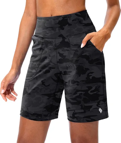 SANTINY Bermudas atléticas para mujer, pantalones cortos largos de cintura alta para mujer, para correr, yoga, sala de estar con bolsillos