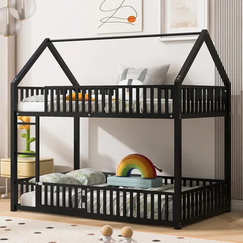 Miniatura 16 de Literas de tamaño matrimonial sobre individual e individual, litera triple de madera con cajones de almacenamiento, barandillas y escalera para 3