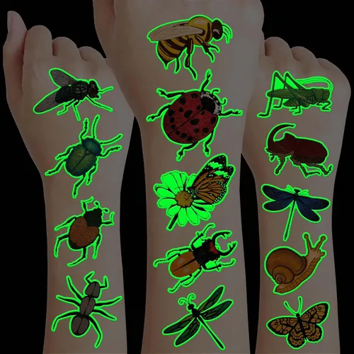96 tatuajes temporales que brillan en la oscuridad para niños, calcomanías luminosas de insectos para niños y niñas, recuerdos de fiesta de