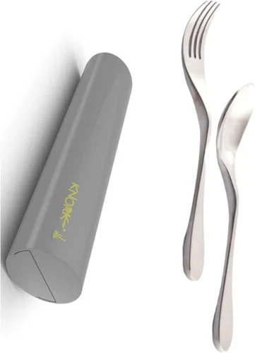 Knork Juego de almuerzo de viaje con tenedor y cucharadita de acero inoxidable original, utensilios de 2 piezas más estuche ecológico Astrik,