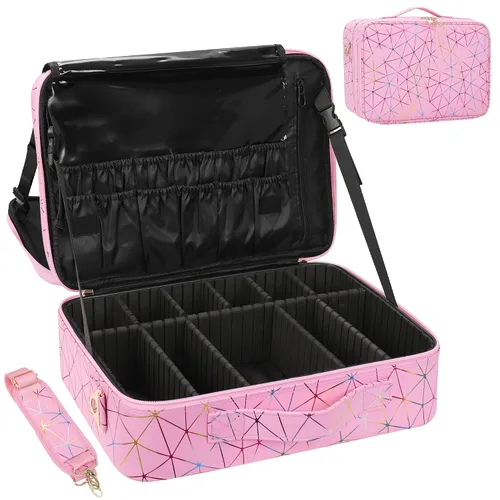 Miniatura 11 de MONSTINA Estuche de maquillaje grande, bolsa de maquillaje de 3 capas, organizador de cosméticos, bolsa de tren de peluquería, caja de artista