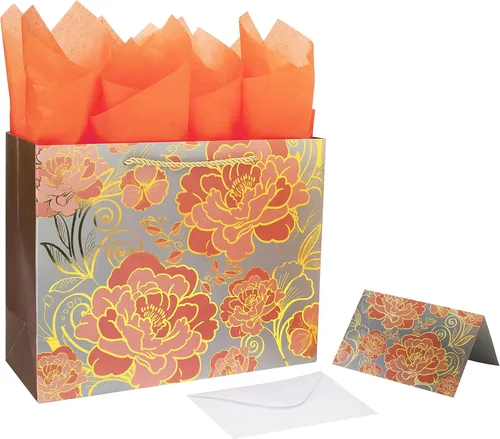 Miniatura 9 de Juego de Bolsa de Regalo Grande Rosa Verde de 13" con Tarjeta de Felicitación y Papel de Seda (Flores con Trazado de Papel Aluminio) para Celebrar