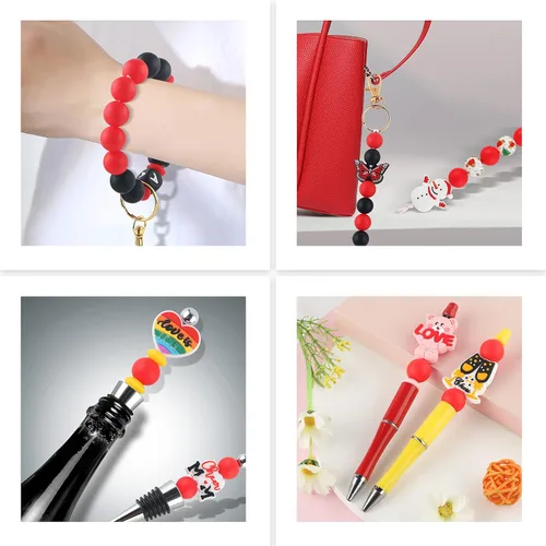 Miniatura 2 de Sunrony 70 cuentas de silicona para hacer collares, cuentas redondas de silicona a granel de 0.59 pulgadas para bolígrafos (rojo escarlata)
