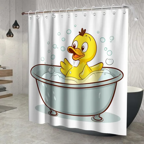 Miniatura 3 de Divertida cortina de ducha de tela con diseño de pato chirriante amarillo, juego de cortina de ducha para niños, con 12 ganchos, 72 x 72 pulgadas