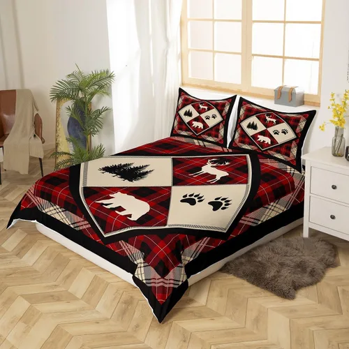 Miniatura 2 de Funda de edredón de oso y ciervo, tamaño matrimonial, estampado de patas de animales salvajes de pino abstracto, funda de edredón de 3 piezas con 2