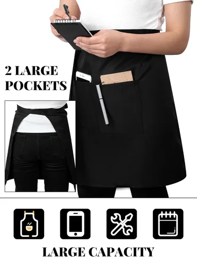 Miniatura 2 de Twistover Paquete de 5 delantales de medio bistro con 2 bolsillos, delantal unisex negro con lazos frontales extra largos en la cintura para hombres