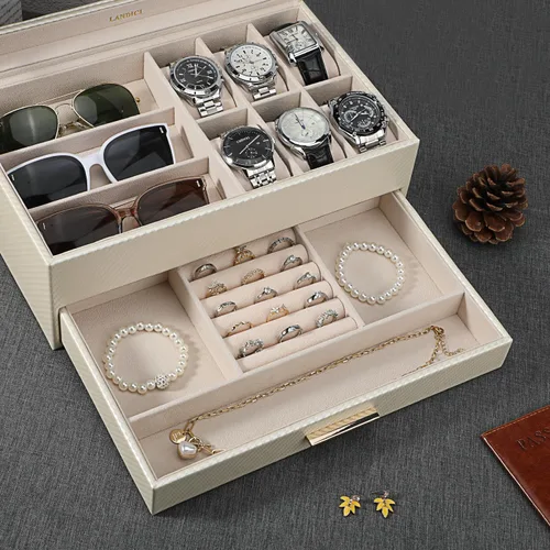 Miniatura 2 de LANDICI Caja de reloj para hombres y mujeres, 2 capas de piel sintética, organizador de relojes, caja de almacenamiento grande, caja de joyería
