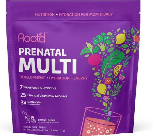 Root'd Polvo multivitamínico prenatal - 25 vitaminas y minerales con electrolitos 3X, folato, hierro, D3 para mamá y bebé, 7 superalimentos y
