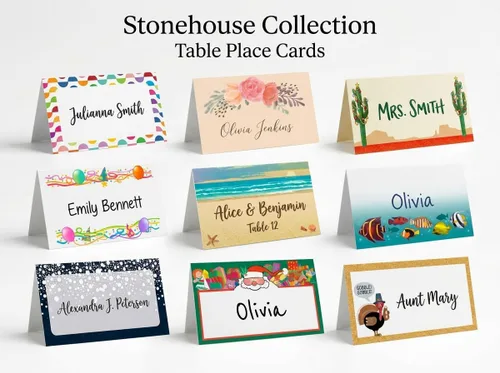 Miniatura 6 de Tarjetas de lugar con nombre de playa, 25 tarjetas de identificación para asientos de invitados, tiendas de campaña de playa y mesa tropical