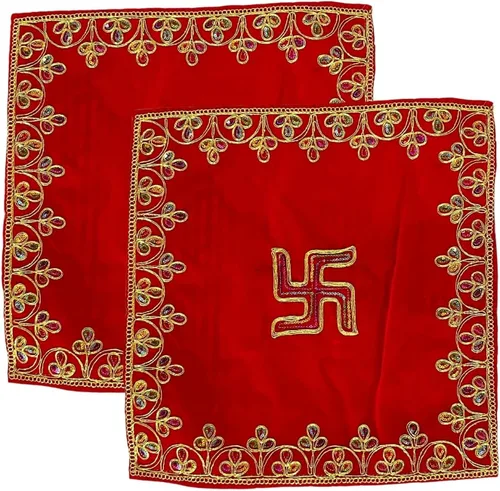 Miniatura 8 de NAISHA Red Pooja Aasan Mat (juego de 2), mandir de tela Puja/altar de 20 x 20 pulgadas, decoraciones multiusos Pooja accesorios de mantenimiento