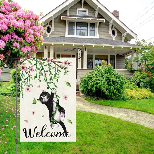 Miniatura 7 de Louise Maelys Bandera de jardín de gato negro de primavera de 12 x 18 pulgadas, doble cara, arpillera pequeña flor floral para patio, exterior