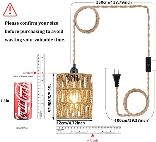 Miniatura 2 de Lámpara Colgante Bohemia con Enchufe, Luz Colgante with Cable con Enchufe, Lámpara de Techo con Pantalla Cilíndrica de Ratán e Interruptor