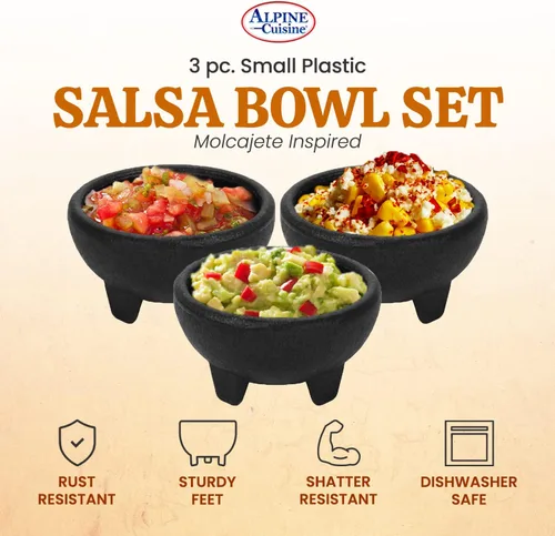 Miniatura 2 de Alpine Cuisine Tazones de salsa de 3 piezas, estilo molcajete, platos resistentes, aptos para lavavajillas, para guacamole, salsas y más, color negro