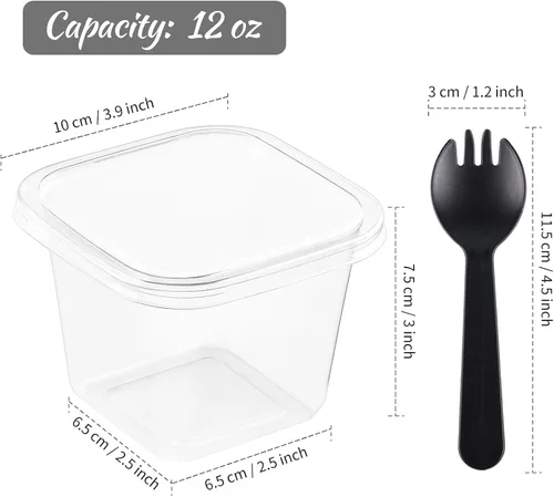 Miniatura 2 de Kucoele Paquete de 50 Vasos de Postre de Plástico de 12 oz con Tapas y Sporks, Vasos Cuadrados Transparentes para Pasteles, Recipientes de Postre
