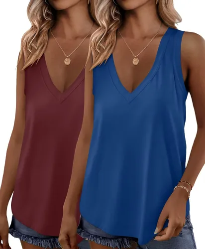 Miniatura 16 de KKJ Paquete de 2 camisetas sin mangas para mujer, cuello en V, camisetas de verano sin mangas, ajuste holgado, casual, trajes de vacaciones, camisas