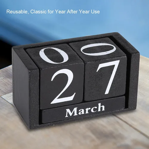 Miniatura 4 de Calendario de madera vintage, calendario perpetuo de escritorio, calendario de madera vintage, bloque de madera de escritorio, fecha de mes, Negro