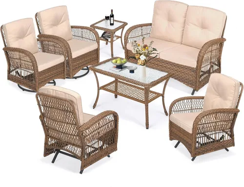 Miniatura 32 de MEETWARM Juego de 3 piezas de mimbre giratorio para patio al aire libre, mecedoras, juegos de muebles de patio de ratán con cojín grueso y mesa